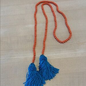 Orange Beaded Necklace with Teal Tassels